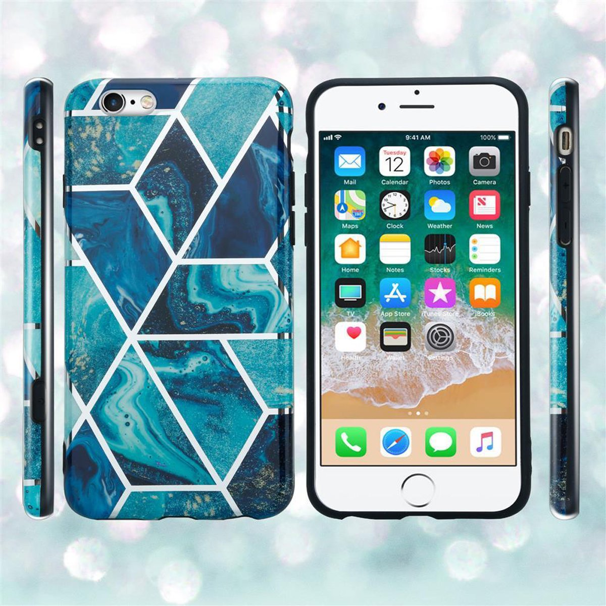 Telefon mit blau-weiß gemusterter Hülle, mit anderen Hüllen und einem Telefon auf hellem Hintergrund.
