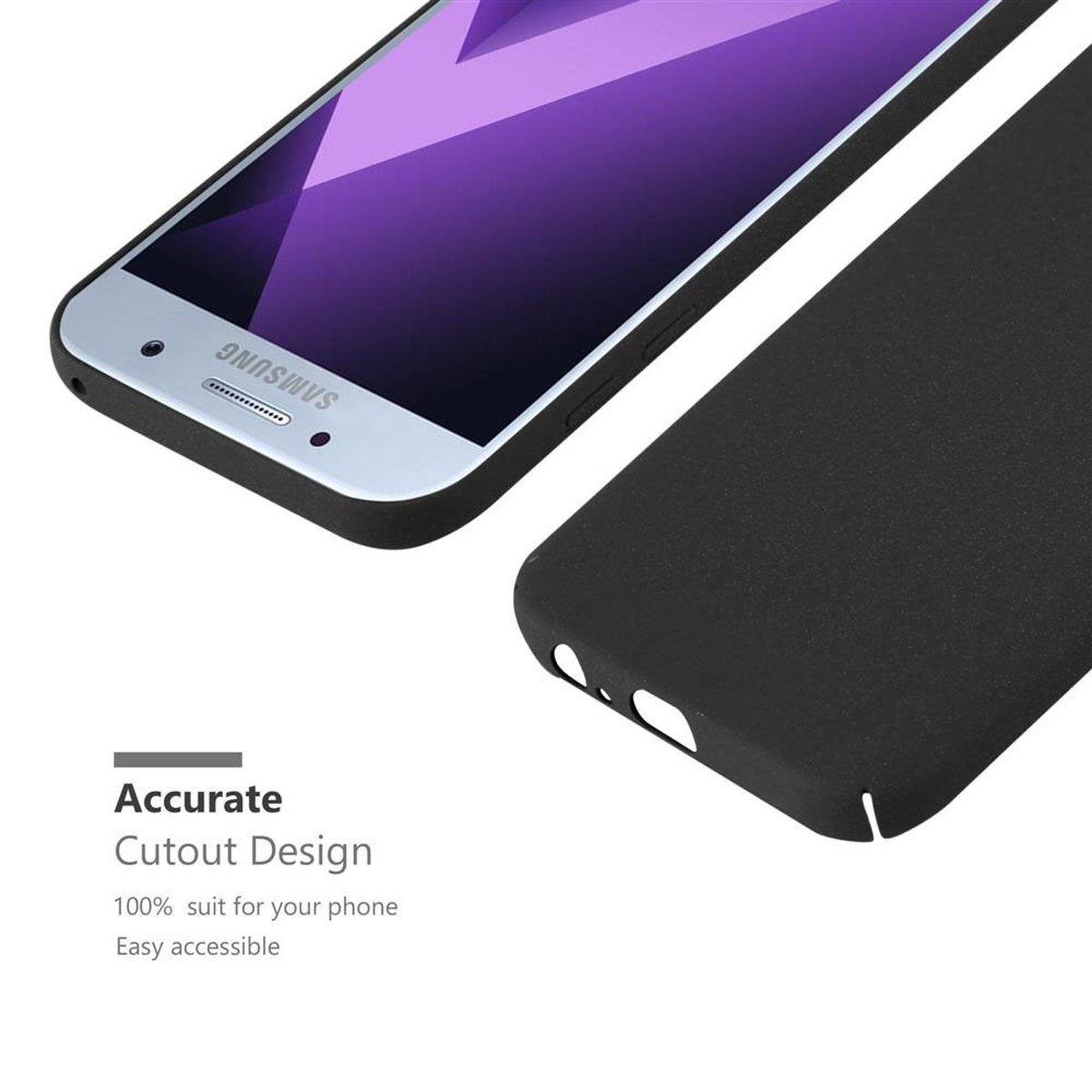 Ein schwarzes Samsung-Telefon mit schwarzem Gehäuse. Das Telefon liegt auf der Seite und das Gehäuse zeigt Aussparungen.