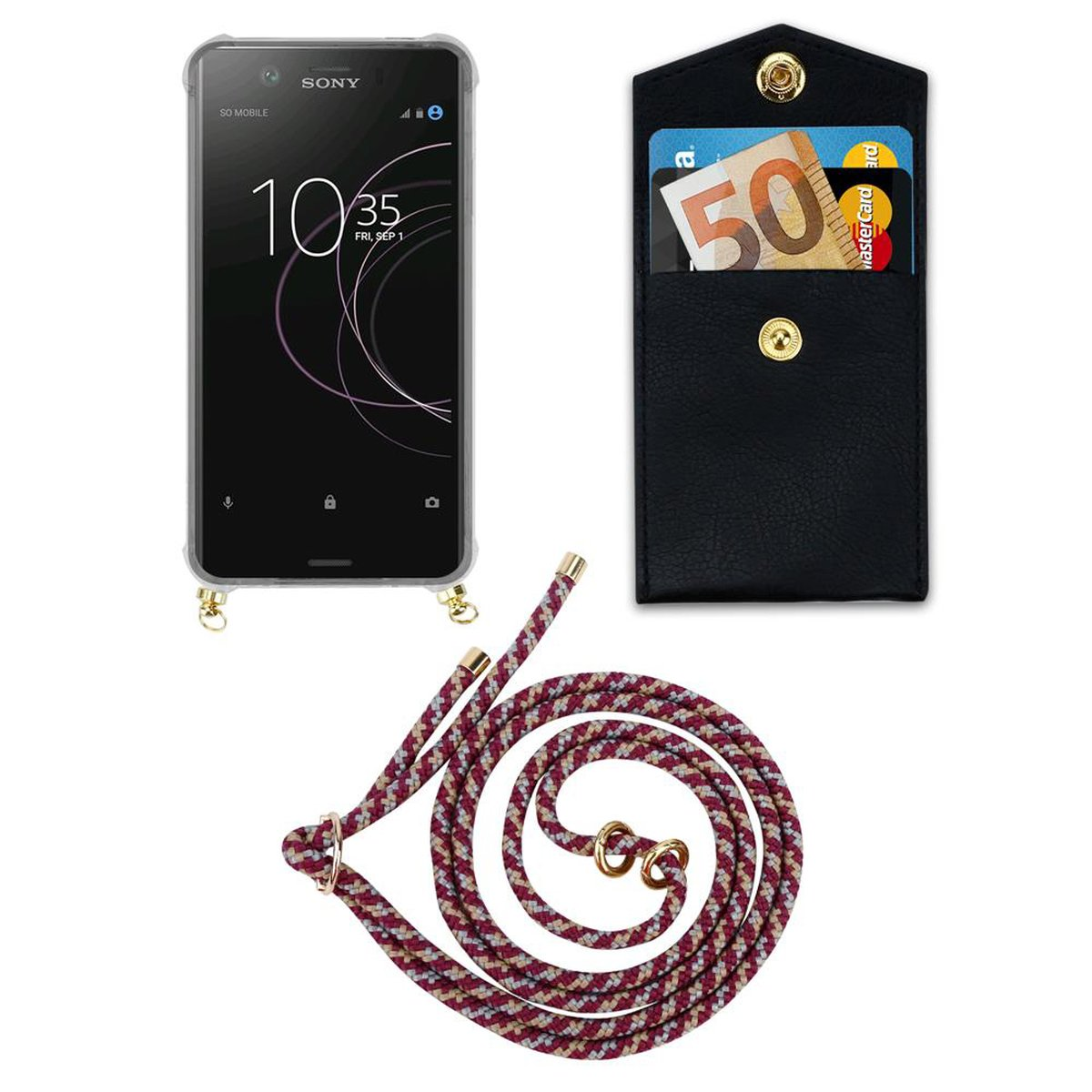 Handy abnehmbarer Band Gold Kette Xperia Kordel XZ1, Hülle, Backcover, GELB und Ringen, mit CADORABO Sony, WEIß ROT