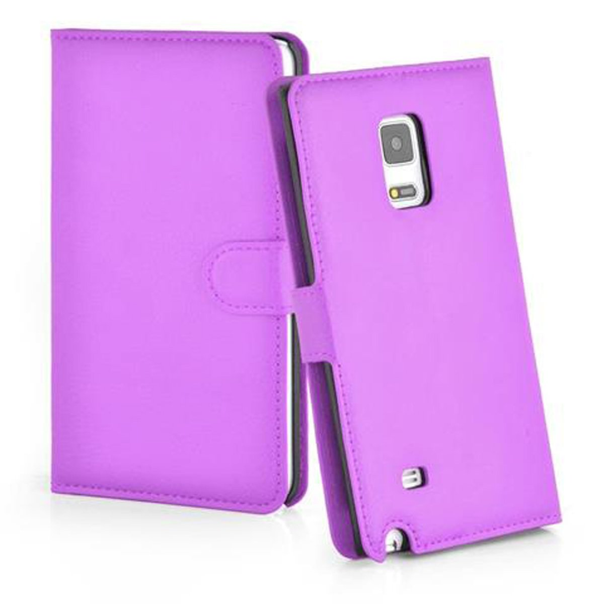 Custodia per telefono viola con chiusura a scatto. La custodia è aperta, mostrando l'interno e il retro.