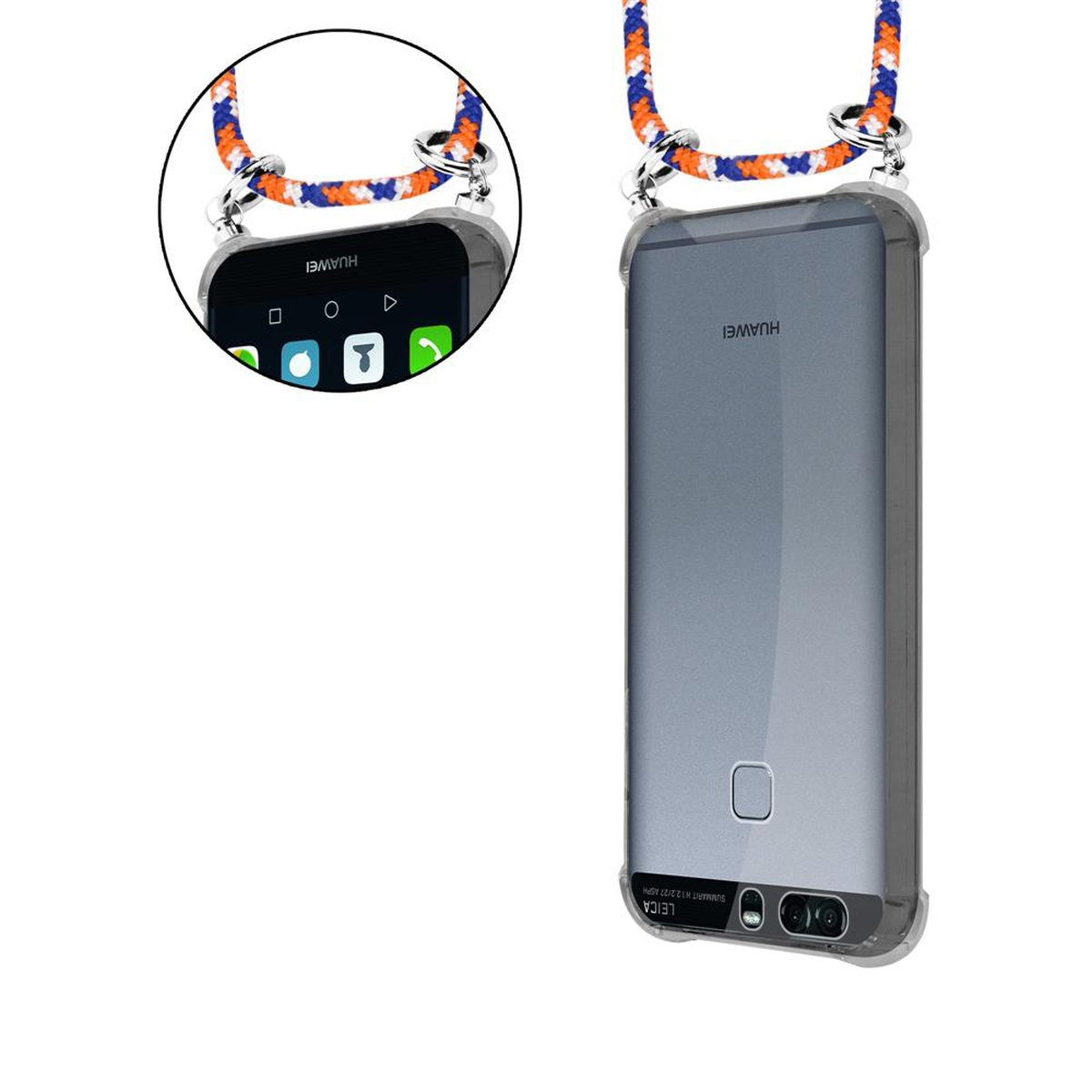 CADORABO Handy Kette mit Silber und Kordel Band ORANGE Huawei, P9, Hülle, abnehmbarer WEIß BLAU Ringen, Backcover