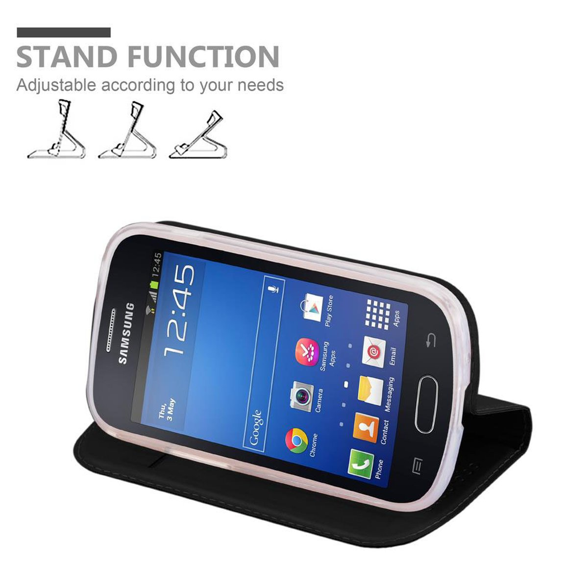 Telefono in una custodia in posizione stand. Testo: STAND FUNCTION, regolabile in base alle tue esigenze.
