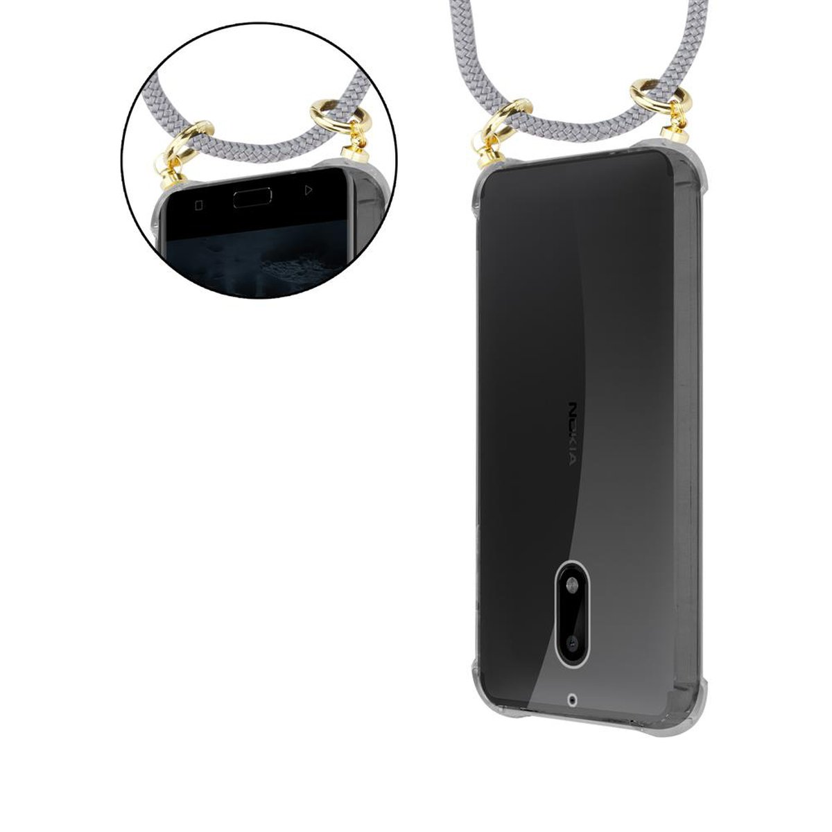 CADORABO Handy Kette Hülle, abnehmbarer SILBER Ringen, 2017, Gold mit Nokia, Backcover, Kordel und 6 Band GRAU