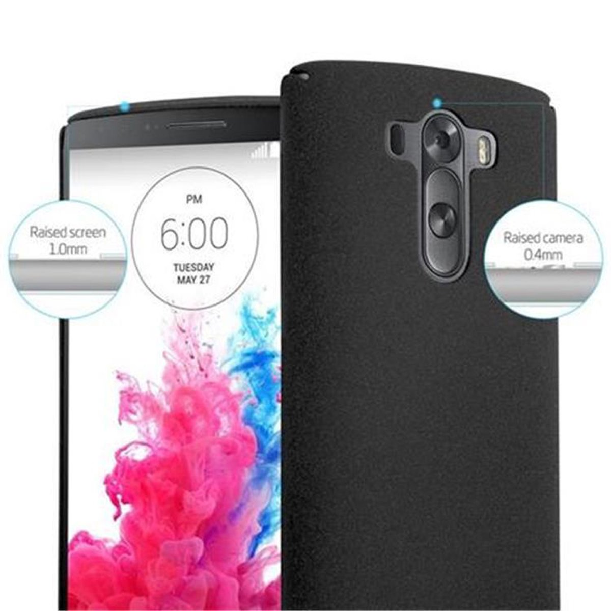 Schwarze Handyhülle und Telefon mit erhabenem Bildschirm und Kameradetail.