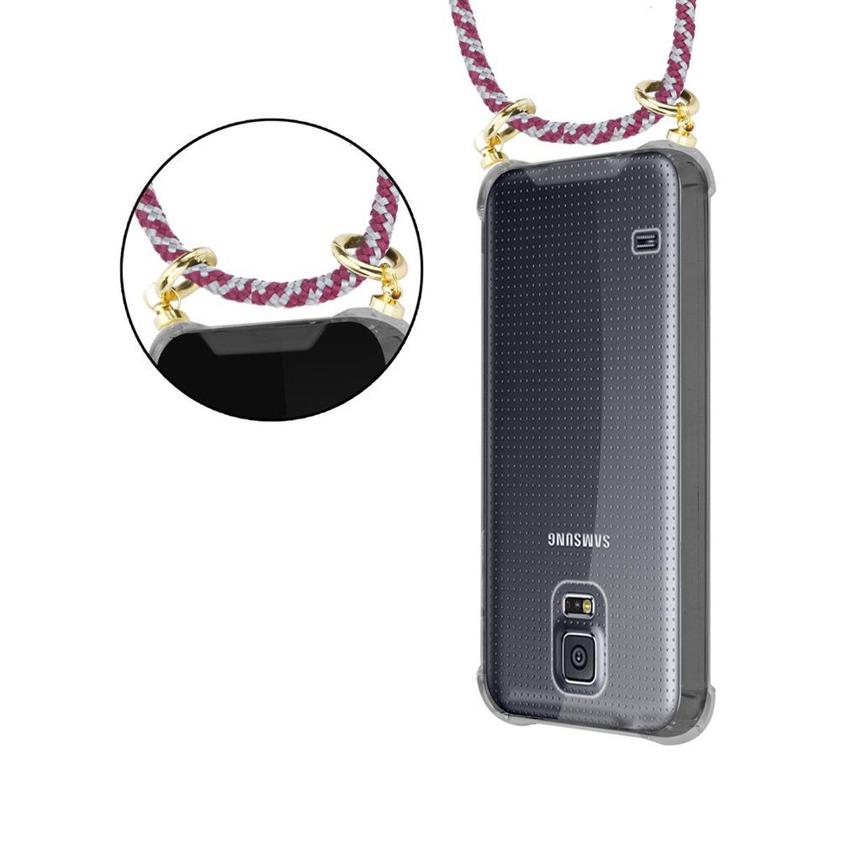 Ringen, S5 S5 Band ROT NEO, Backcover, / Gold Samsung, Kette Handy abnehmbarer mit Hülle, Galaxy CADORABO Kordel und WEIß