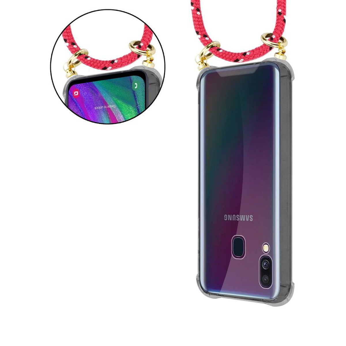 Smartphone in una custodia con un cordino rosso. Il telefono è acceso e mostra la schermata di blocco.
