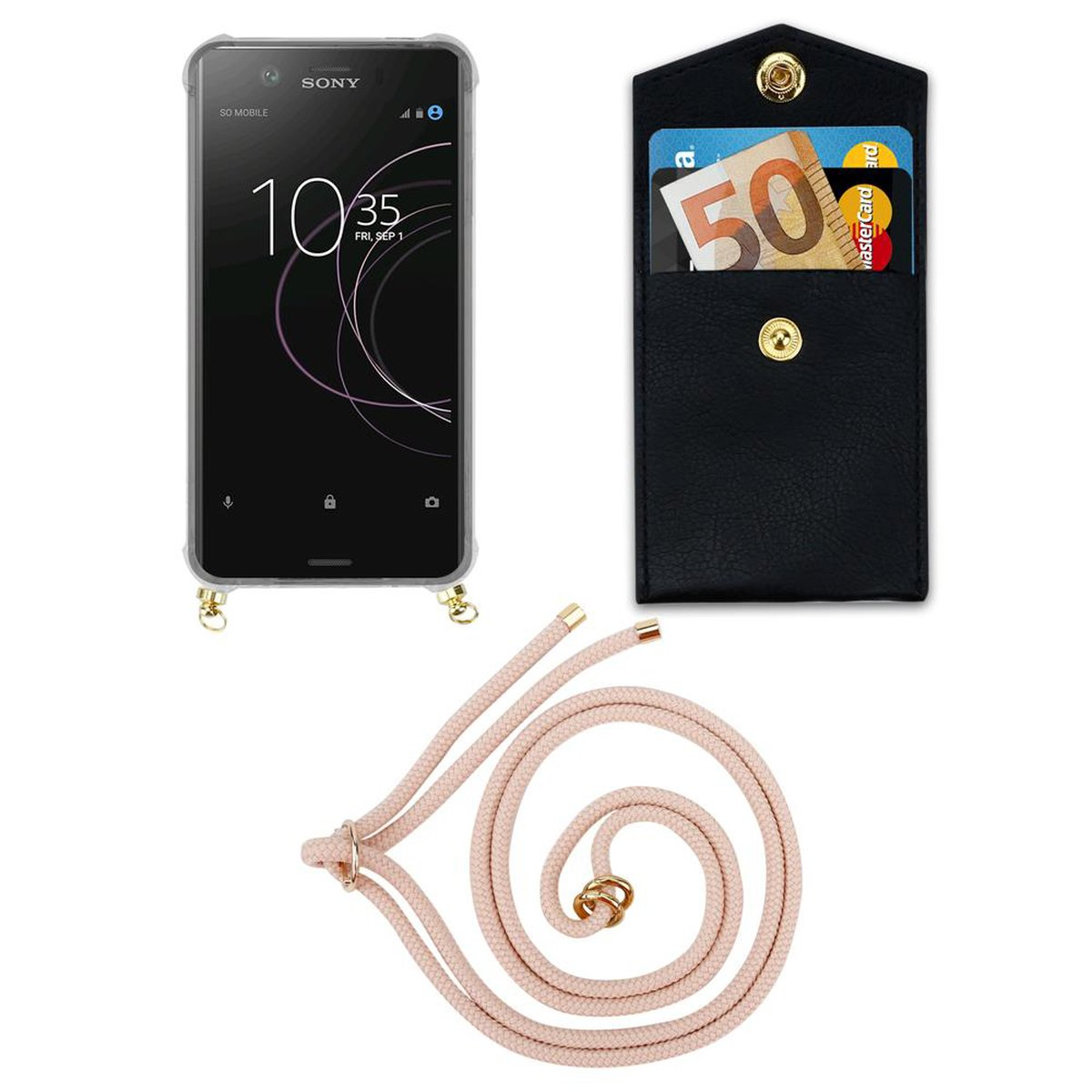 CADORABO Handy Kette mit Gold XZ1 PERLIG Ringen, COMPACT, und ROSÉGOLD Sony, abnehmbarer Band Xperia Backcover, Hülle, Kordel