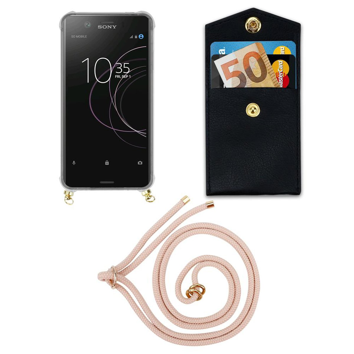 PERLIG Xperia Kette mit Sony, Gold Kordel und abnehmbarer Band Ringen, COMPACT, ROSÉGOLD Backcover, Hülle, XZ1 Handy CADORABO