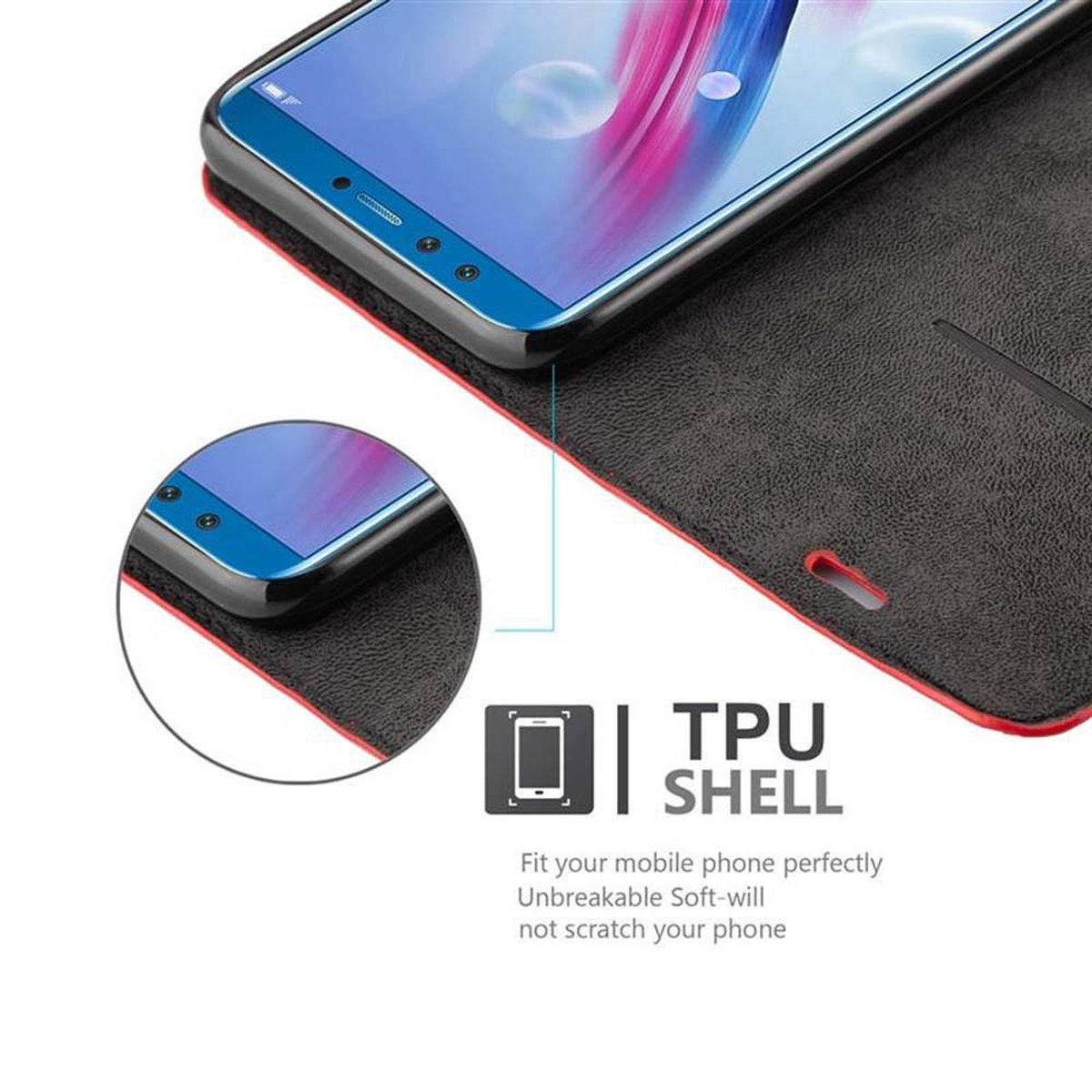 Ein Telefon in einer schwarz-roten Hülle. Der Text TPU SHELL wird angezeigt.