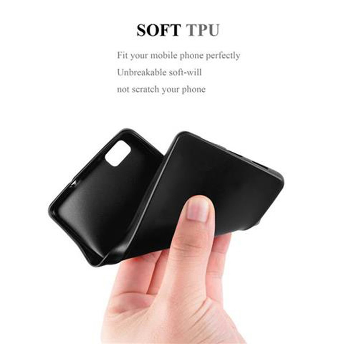 Mano sosteniendo una funda negra, con texto: SOFT TPU, y detalles sobre la funda.