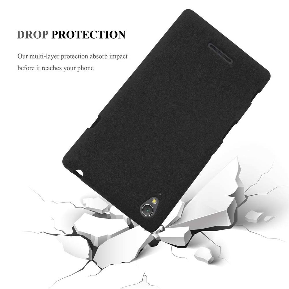 Funda de teléfono negra rompiendo la superficie blanca. Es protección contra caídas.