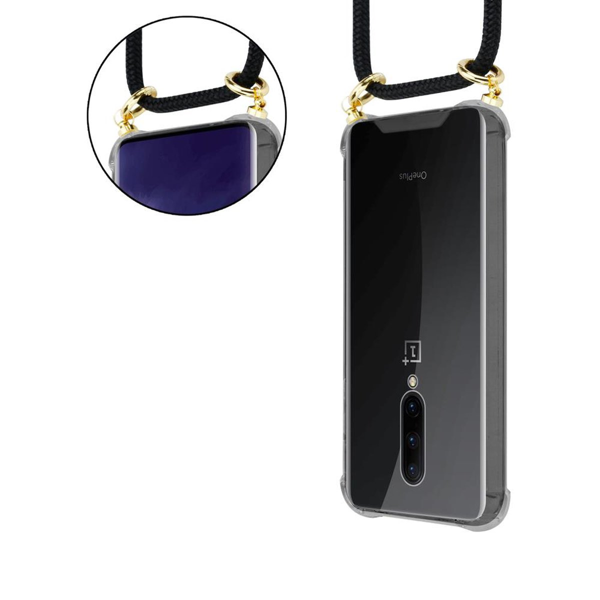 CADORABO Handy Kette mit Gold abnehmbarer Ringen, Backcover, Kordel Hülle, OnePlus, 7 und PRO, Band SCHWARZ