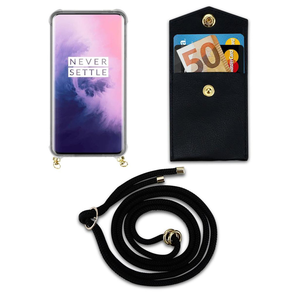 Kette Handy Gold CADORABO Hülle, Kordel 7 Ringen, und SCHWARZ Band PRO, Backcover, mit abnehmbarer OnePlus,