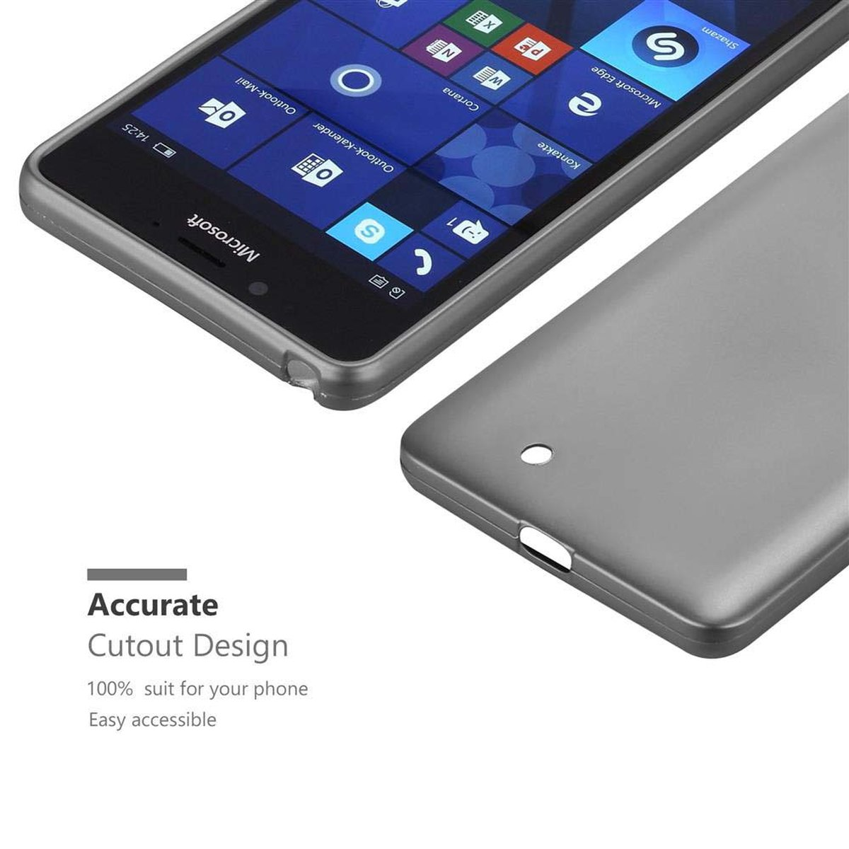 Un telefono grigio, una custodia grigia e testo su 'Accurate Cutout Design'. Sfondo nero.