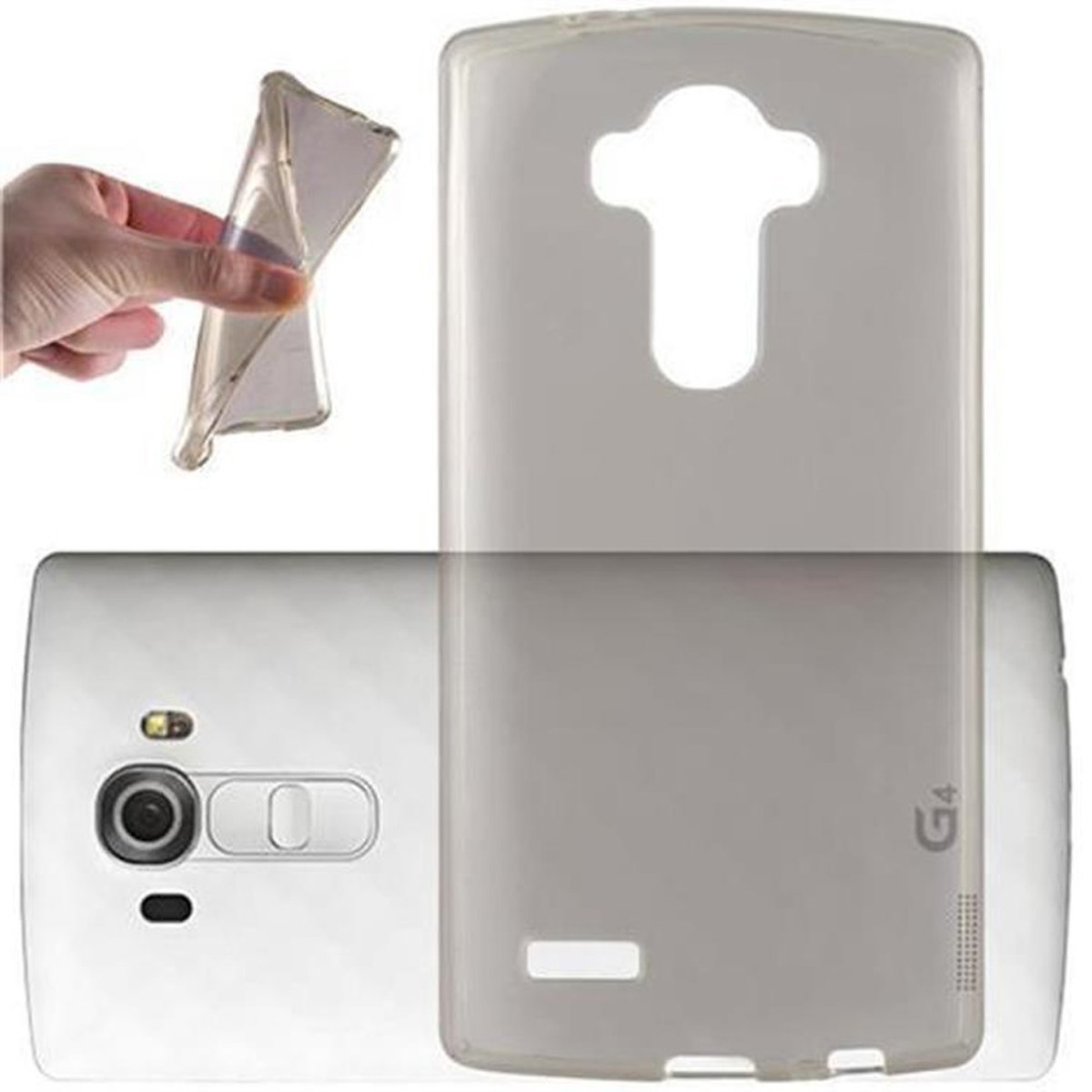 Funda de teléfono y un teléfono. La funda es transparente. Una mano sostiene la funda flexible. Etiqueta G4 en la parte posterior.