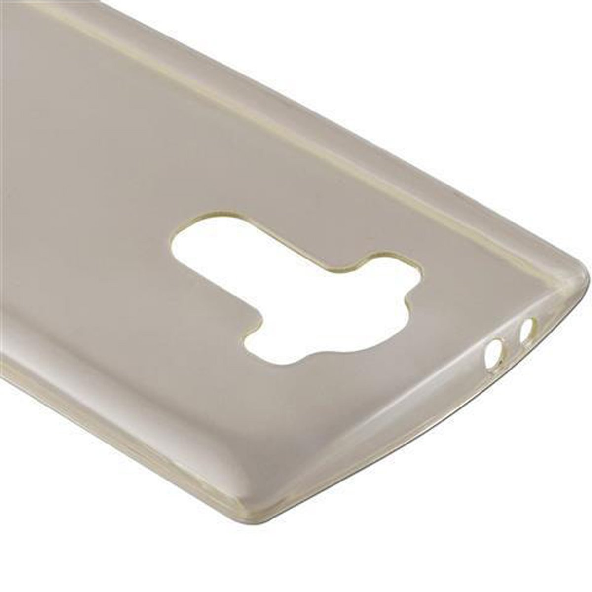 Una funda transparente para teléfono, con recortes para la cámara y una superficie lisa. Tiene un tinte beige.