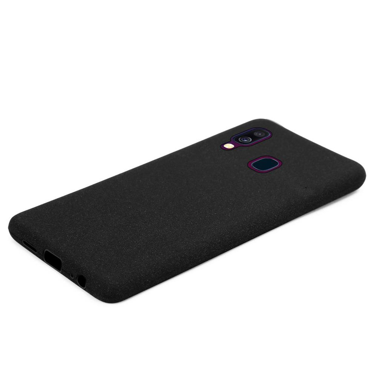Custodia per telefono nera. La custodia ha una fotocamera e un pulsante.