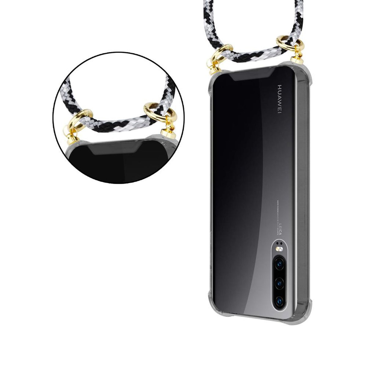 CADORABO Handy Kette mit Gold CAMOUFLAGE Ringen, Huawei, abnehmbarer und Kordel Band Hülle, SCHWARZ P30, Backcover