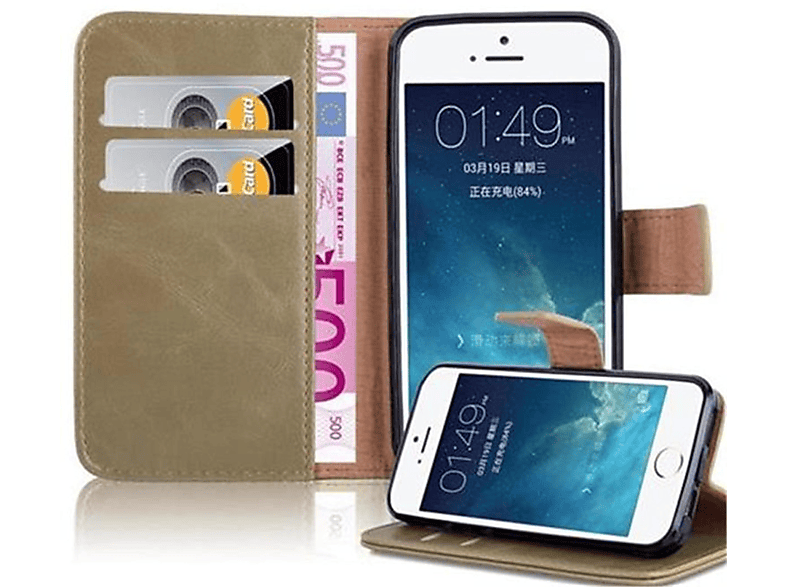 CADORABO Hülle Luxury Book Style, Bookcover, Apple, iPhone 5 / 5S / SE 2016, CAPPUCCINO BRAUN