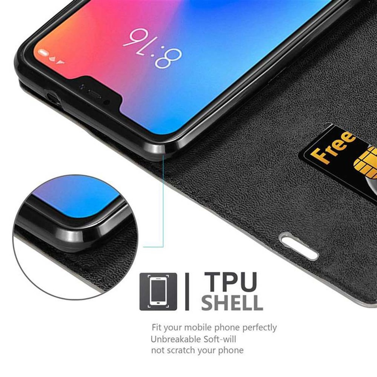 Telefono in una custodia con carta. Testo: TPU SHELL. La custodia è nera.