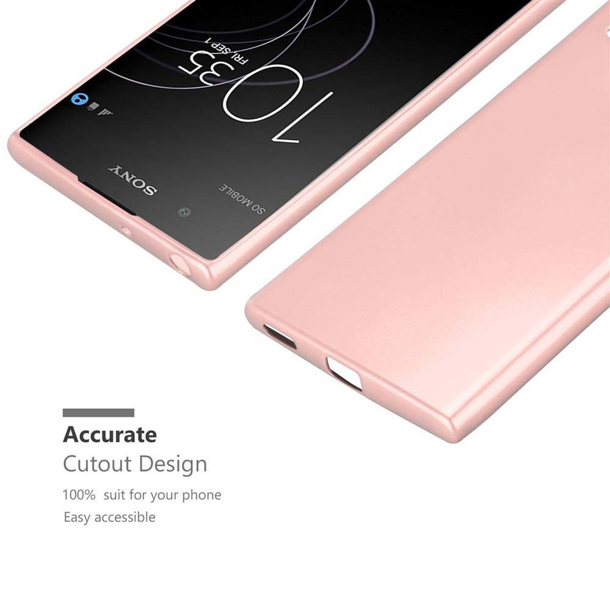 Zwei rosa Handyhüllen, eine mit Telefonbildschirm. Weißer Text: Präzises Ausschnittdesign.