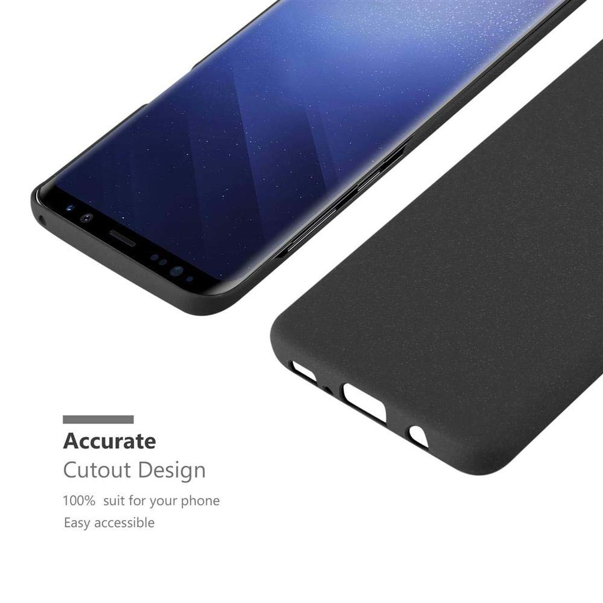 Telefono e custodia per telefono. Testo: Design preciso, 100% adatto al tuo telefono.