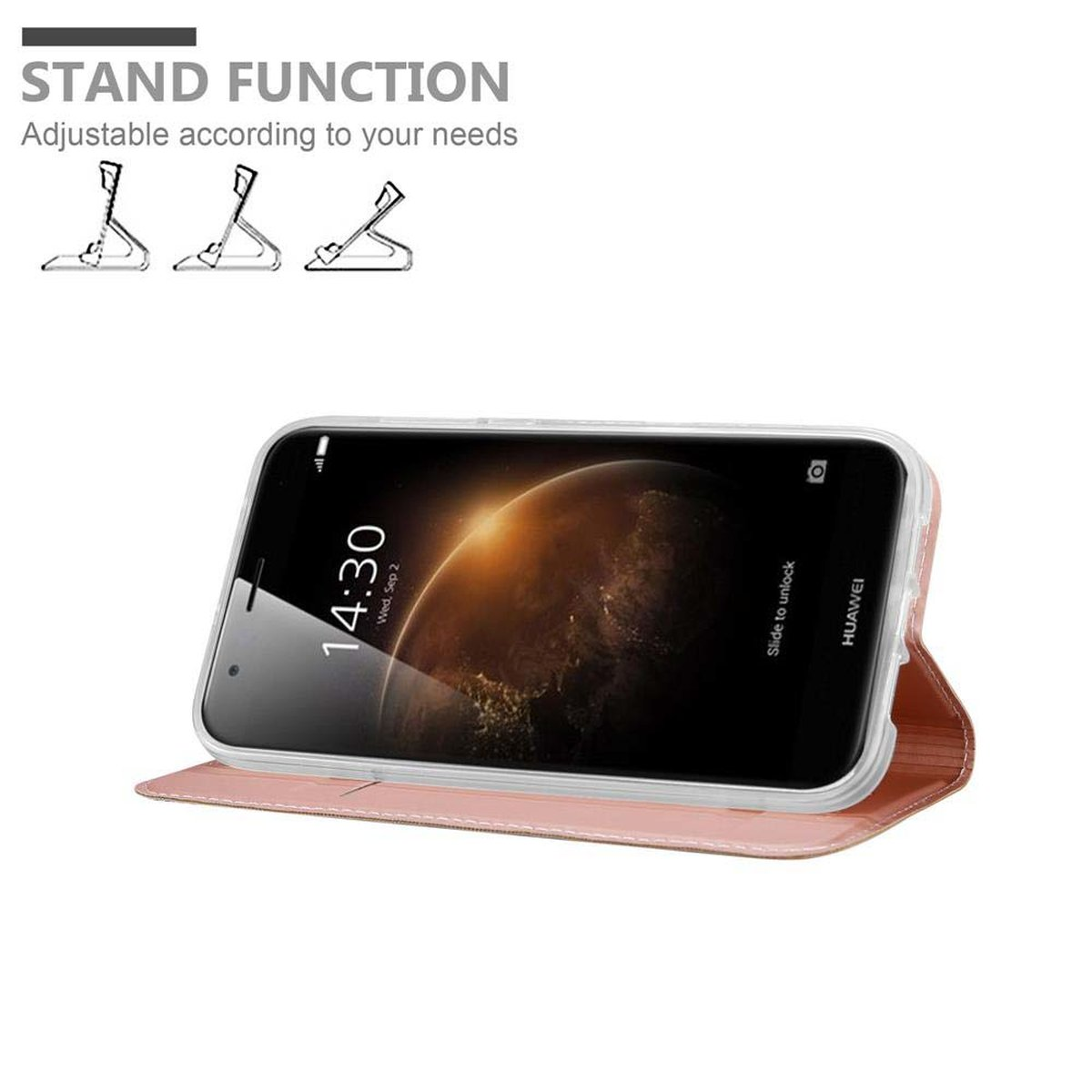 Teléfono en funda rosa, pantalla encendida, mostrando la hora. Funda plegada, sobre superficie blanca.