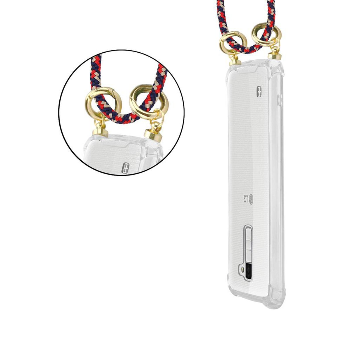 Telefon in klarer Hülle mit roter, marineblauer und weißer Handykordel.