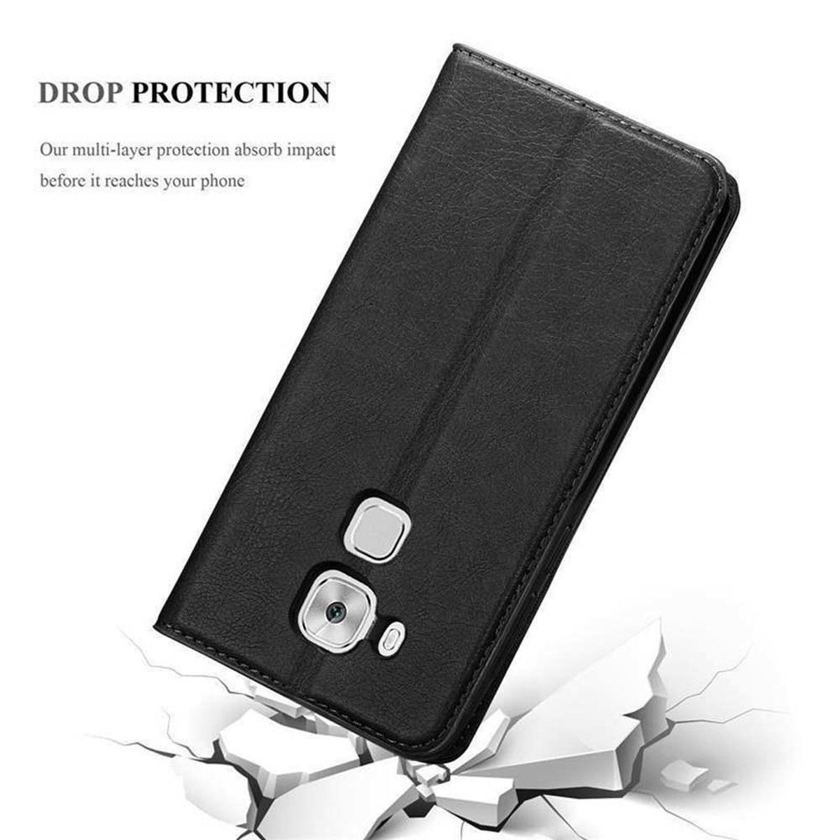 Custodia per telefono nera aperta, con un telefono all'interno e testo sulla protezione dalle cadute.