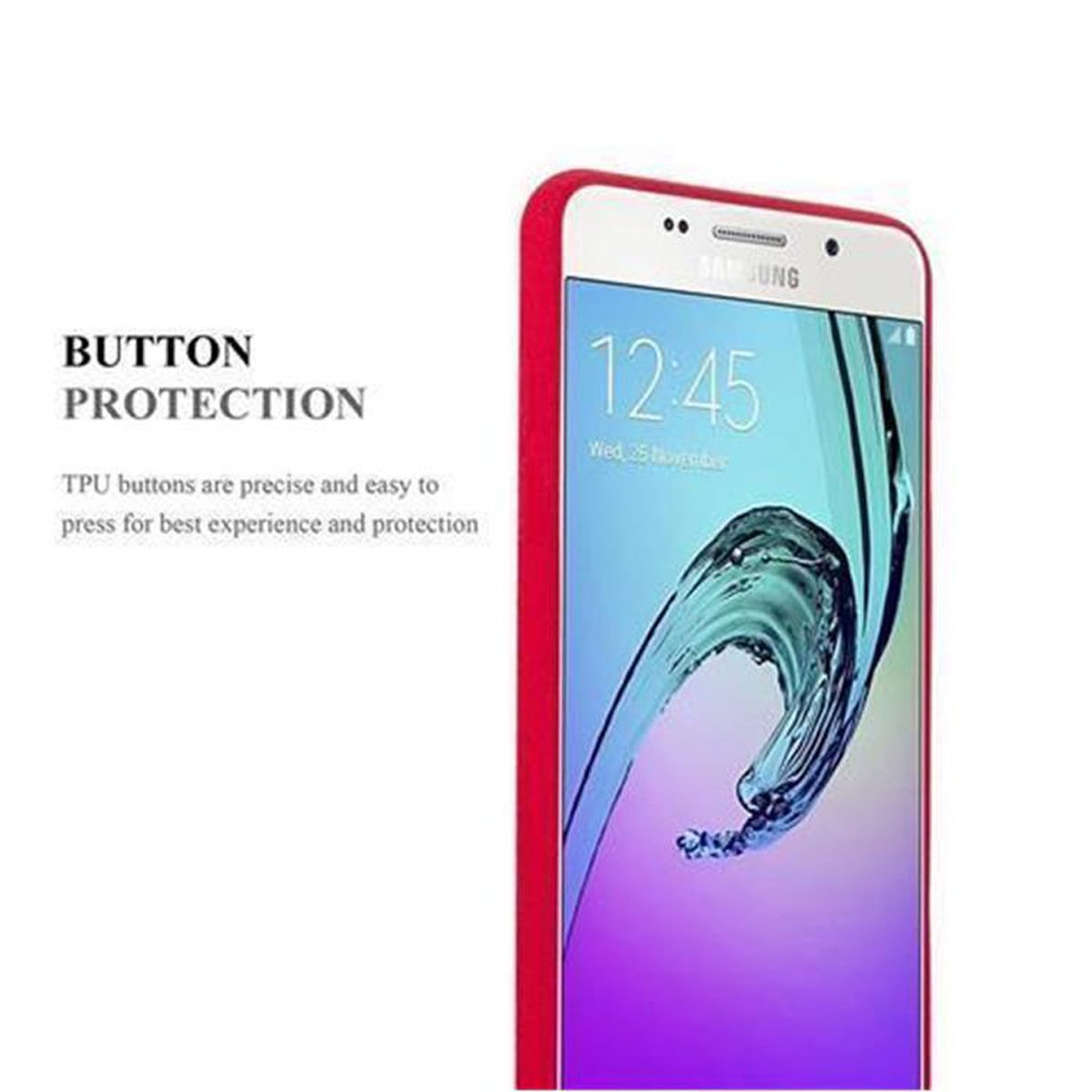 Primer plano de una funda de teléfono con texto de protección de botones.
