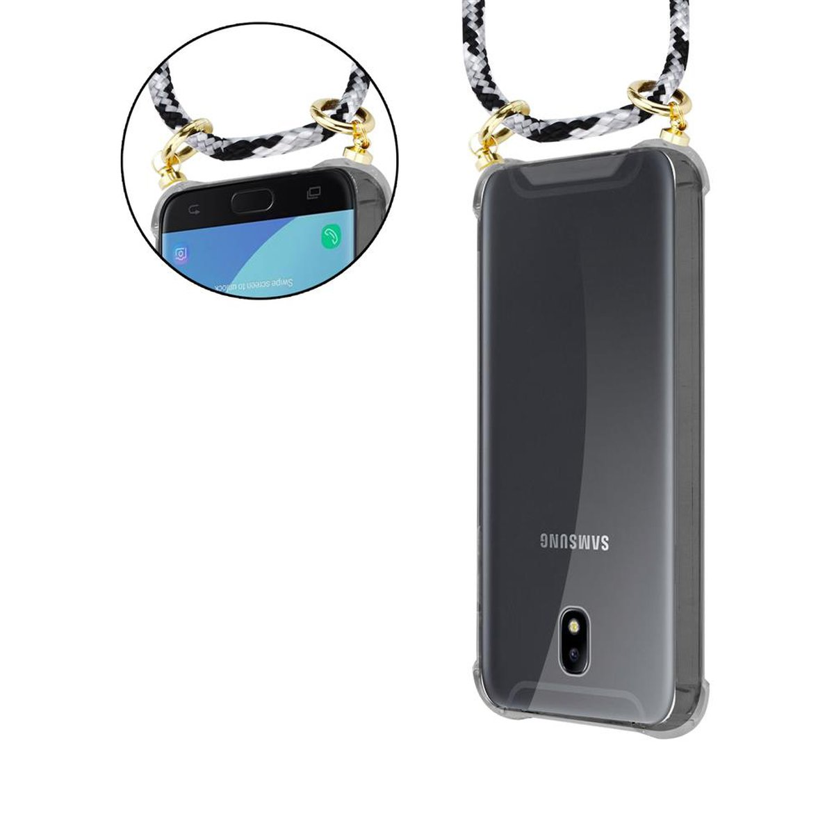 Kordel Kette und CADORABO SCHWARZ Samsung, Handy Galaxy Ringen, abnehmbarer Backcover, Band CAMOUFLAGE J7 Gold 2018, Hülle, mit