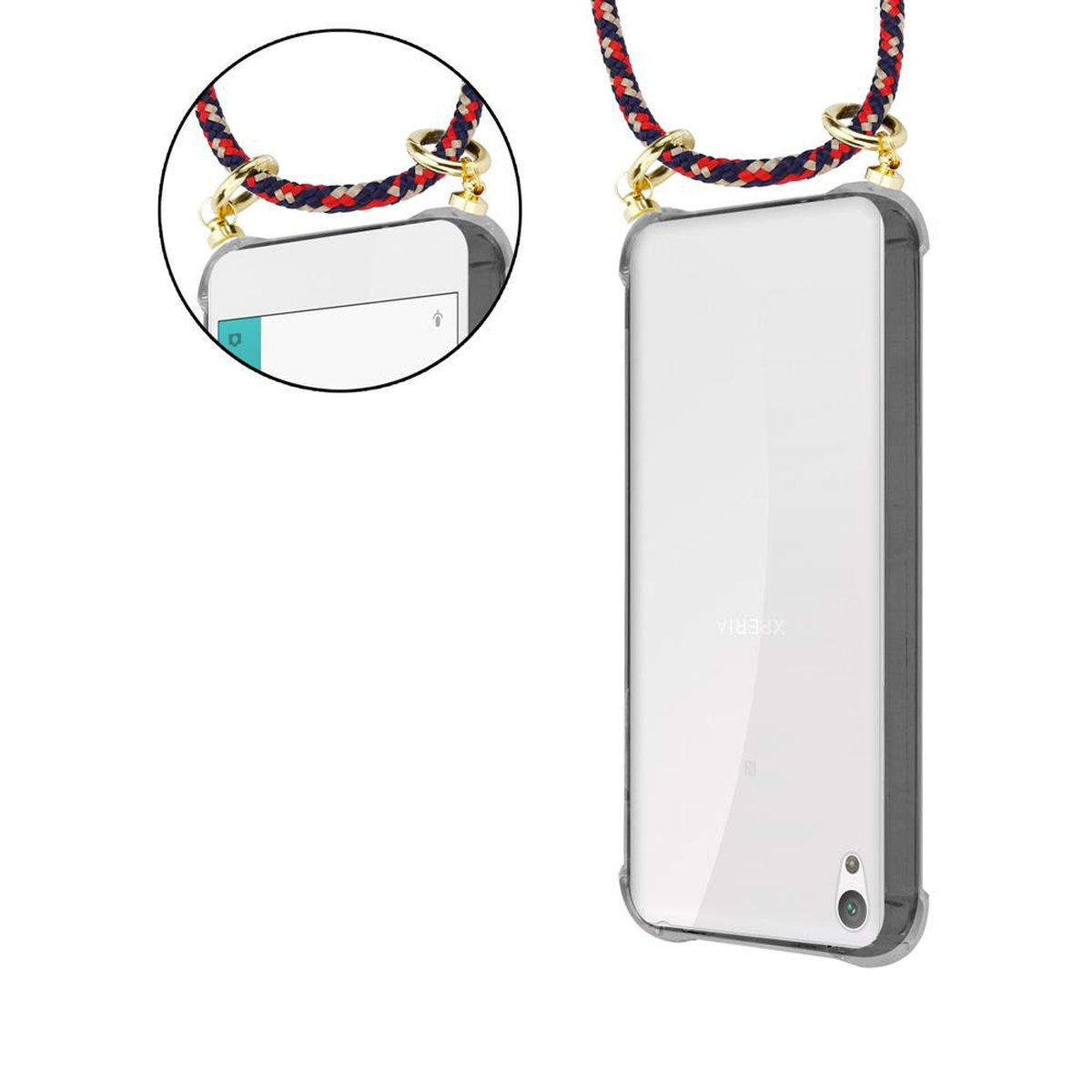 Handyhülle mit Lanyard. Transparente Hülle, Telefon sichtbar. Rotes, blaues und weißes Seil. Weißer Hintergrund.