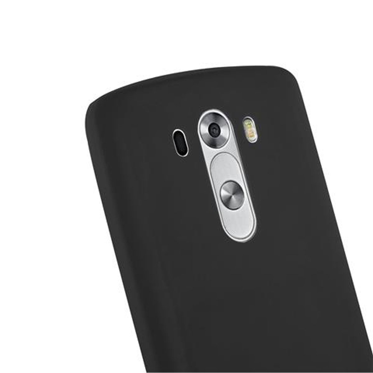 Schwarze Telefonrückseite, mit Kamera und Knöpfen.