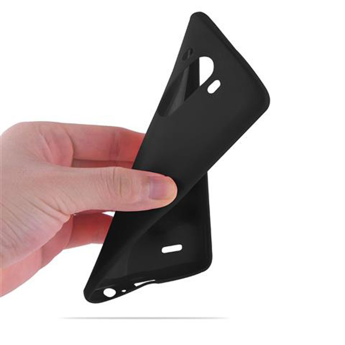 Hand hält eine schwarze Handyhülle, gebogen, um Flexibilität zu zeigen, mit Ausschnitten.