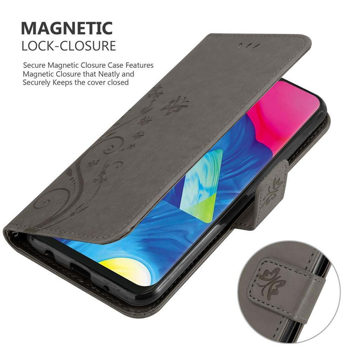 Un telefono è in una custodia grigia, aperta. La custodia ha una chiusura magnetica.