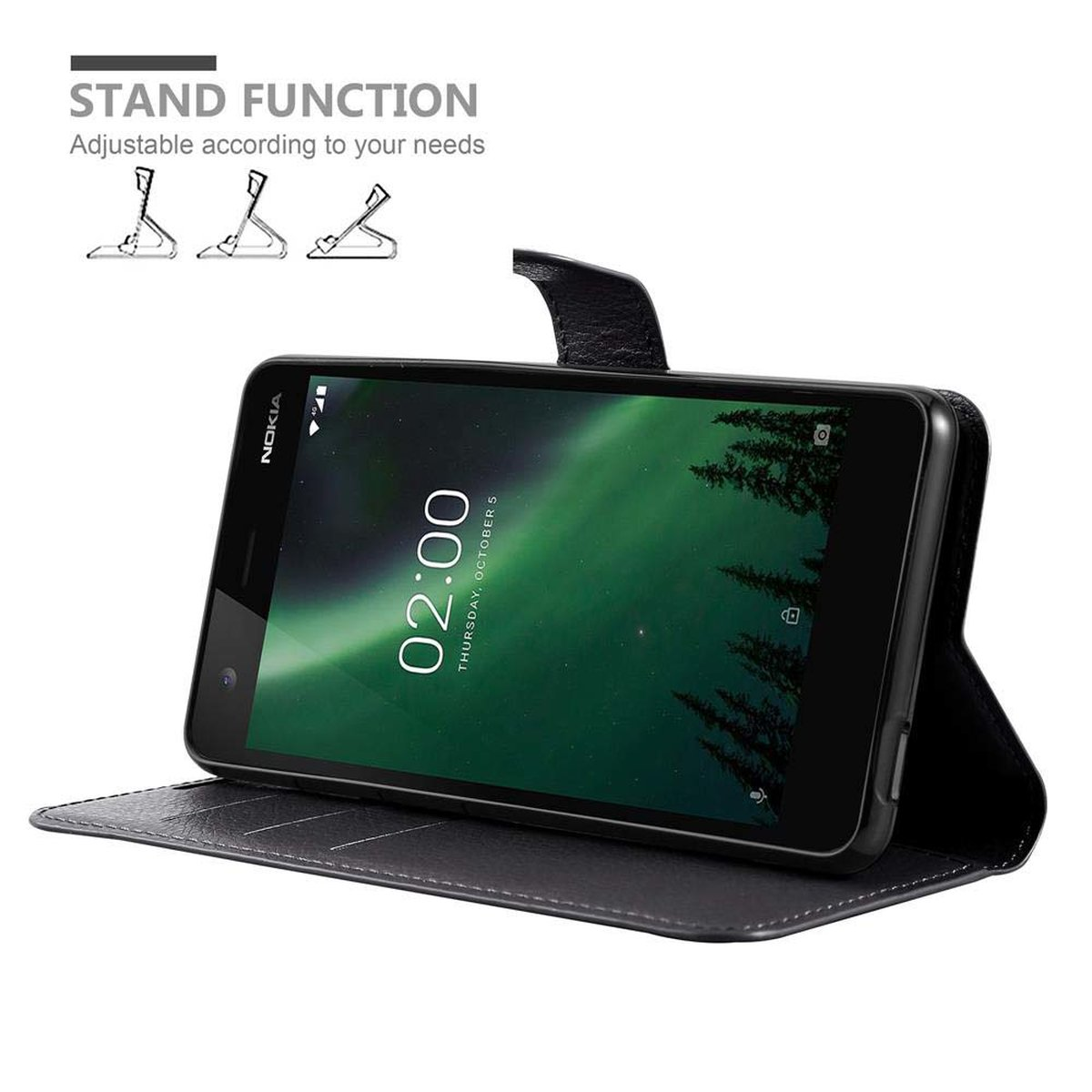 Ein schwarzes Telefon in einer Hülle. Das Telefon ist geöffnet, und der Bildschirm zeigt Uhrzeit und Datum.