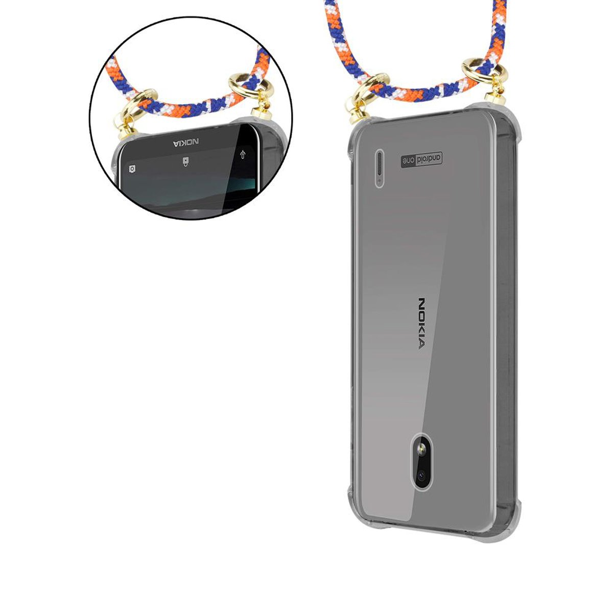 CADORABO Handy Kette WEIß Ringen, Gold mit und Kordel Band Nokia, BLAU Hülle, ORANGE Backcover, abnehmbarer 2.2