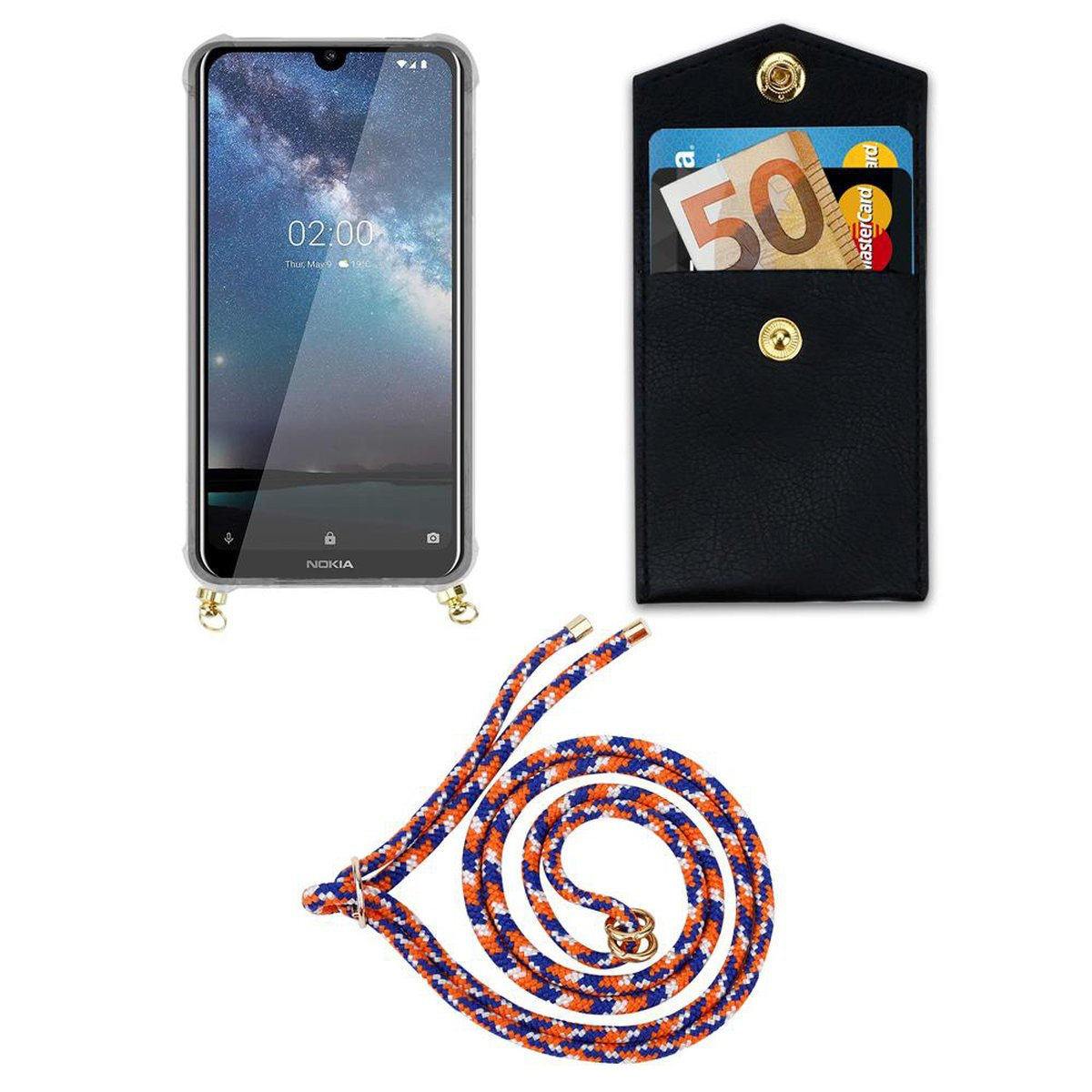 Nokia, mit Gold Band CADORABO 2.2, Kette Kordel Ringen, und Handy WEIß BLAU Hülle, ORANGE Backcover, abnehmbarer