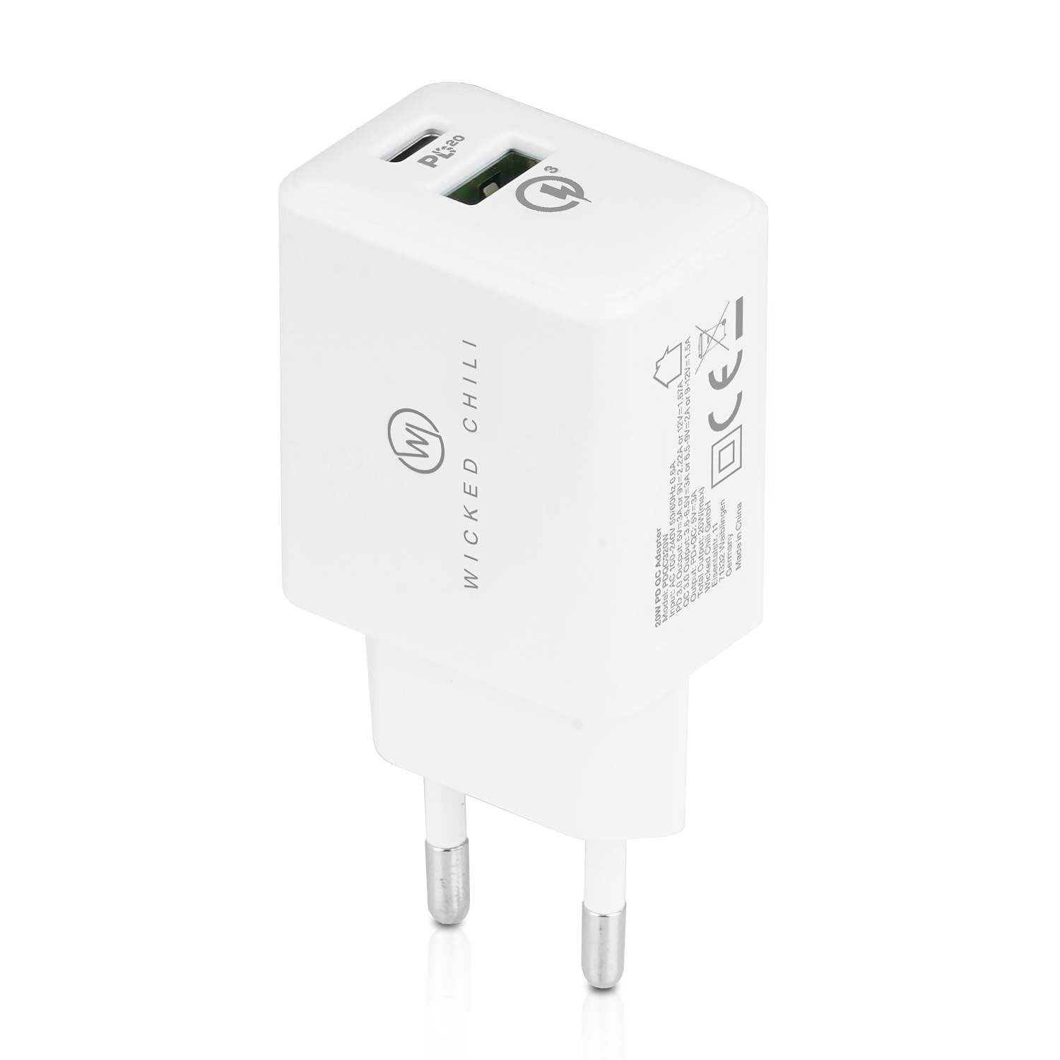Weißes Ladegerät mit zwei Stiften und einem USB-C-Anschluss.