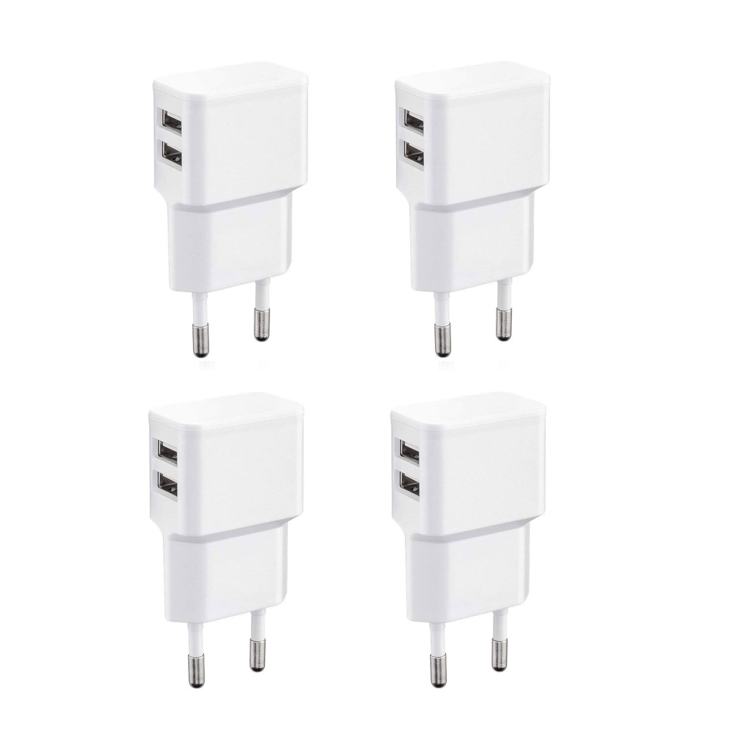 Vier weiße USB-Wandladegeräte, jedes mit zwei USB-Anschlüssen und zwei Stiften.