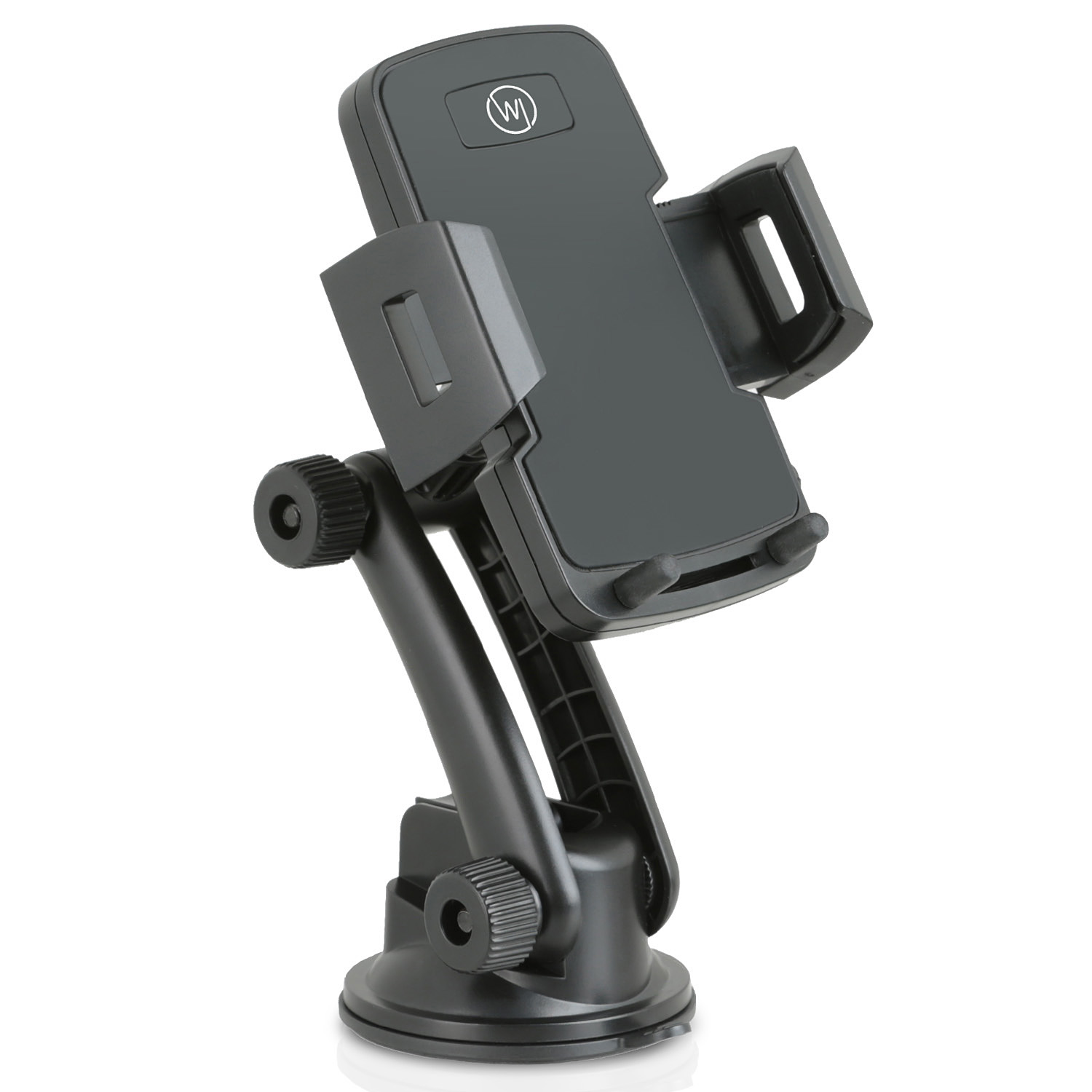 Schwarzer Autotelefonhalter auf weißem Hintergrund. Er hat einen Saugnapf und einen verstellbaren Arm.