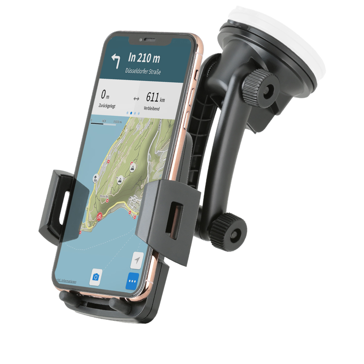 Telefon im Autohalter. Das Telefon zeigt eine Karte mit einer Route an. Halterung ist schwarz und hat einen Saugnapf.