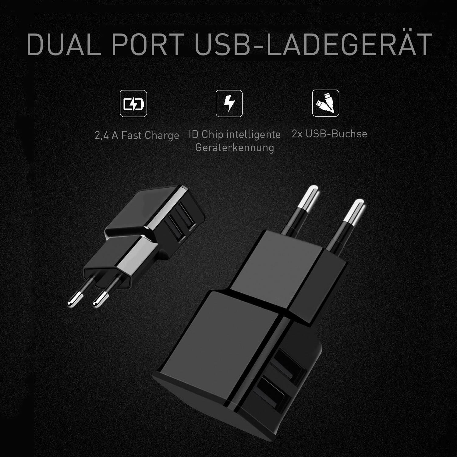 Schwarzes Dual-Port-USB-Ladegerät. Zwei USB-Anschlüsse. Symbole für 2,4A Schnellladung.