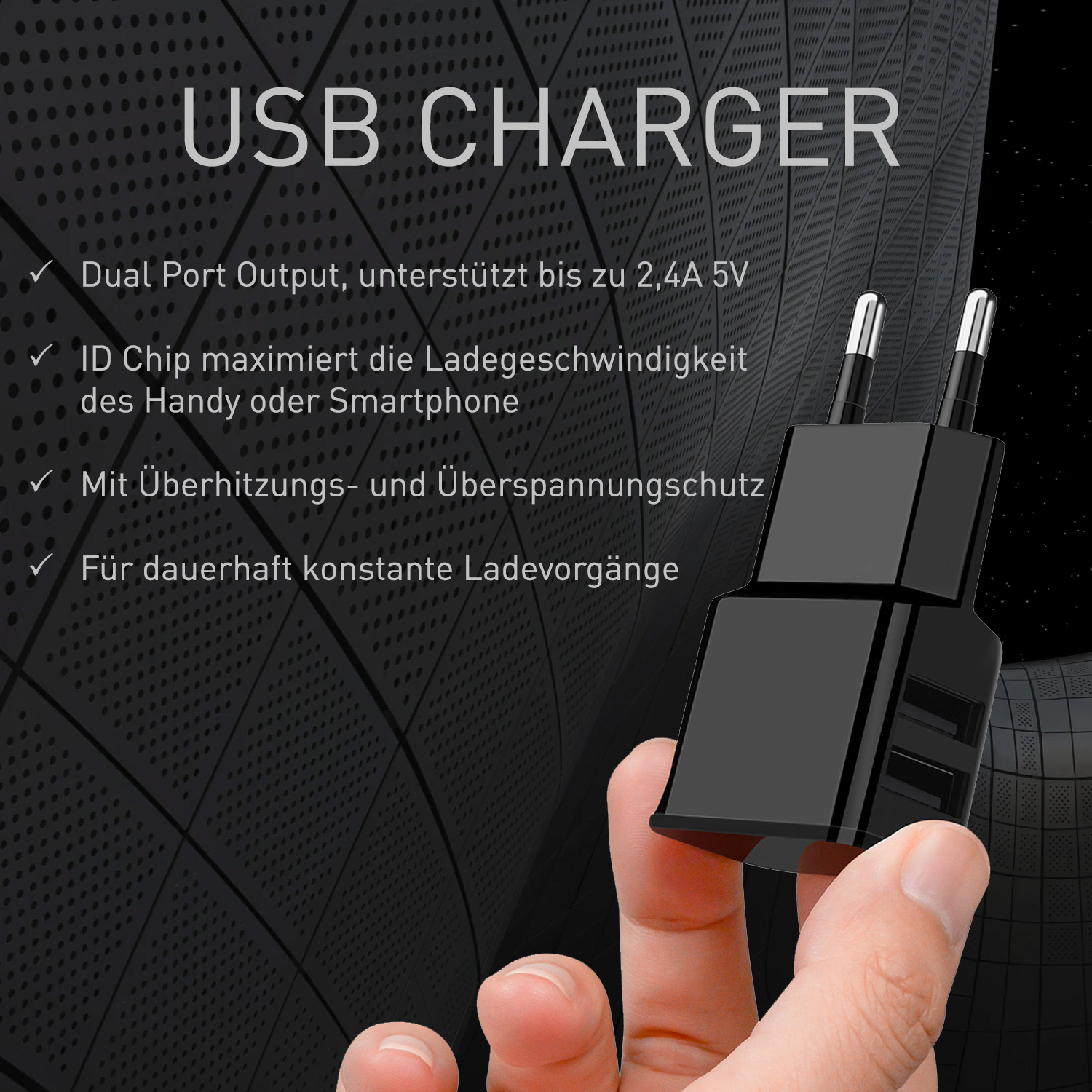 Schwarzes USB-Ladegerät mit zwei Anschlüssen. Hand hält es. Text über Dual-Port-Ausgang und Überhitzungsschutz.