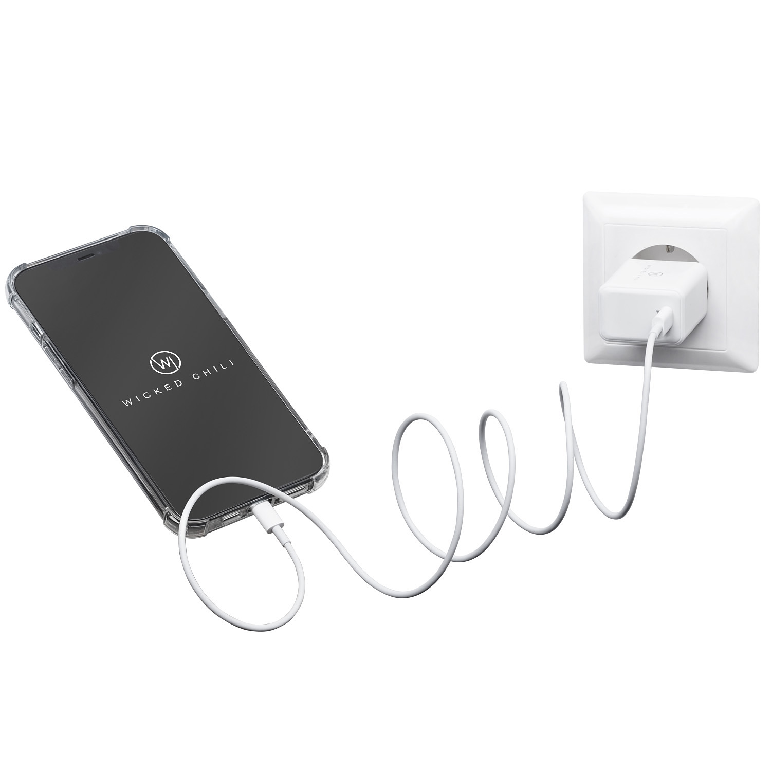 Ein Telefon, das mit einem weißen Kabel und Ladegerät in einer weißen Steckdose geladen wird.