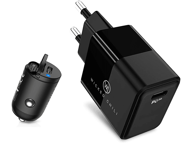 WICKED CHILI 2x Ladegerät KFZ + iPhone 20W USB 12/24V Adapter 14 mit Wandladegerät Fast Netzteil Dual PD Dual C für Charge Ladegerät QC3.0 USB-C + USB KFZ & C 30W