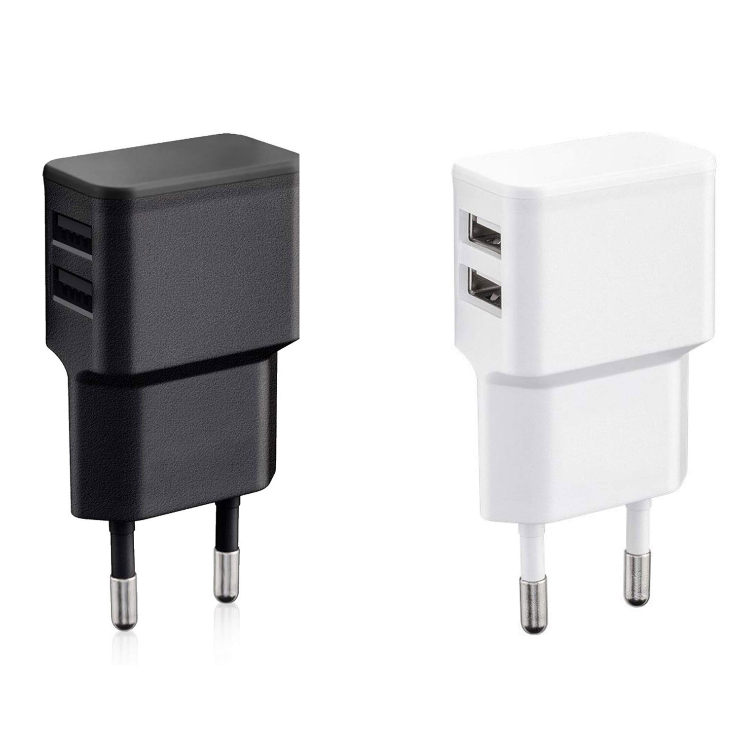 Zwei Ladegeräte, eines schwarz und eines weiß, beide mit zwei USB-Anschlüssen.