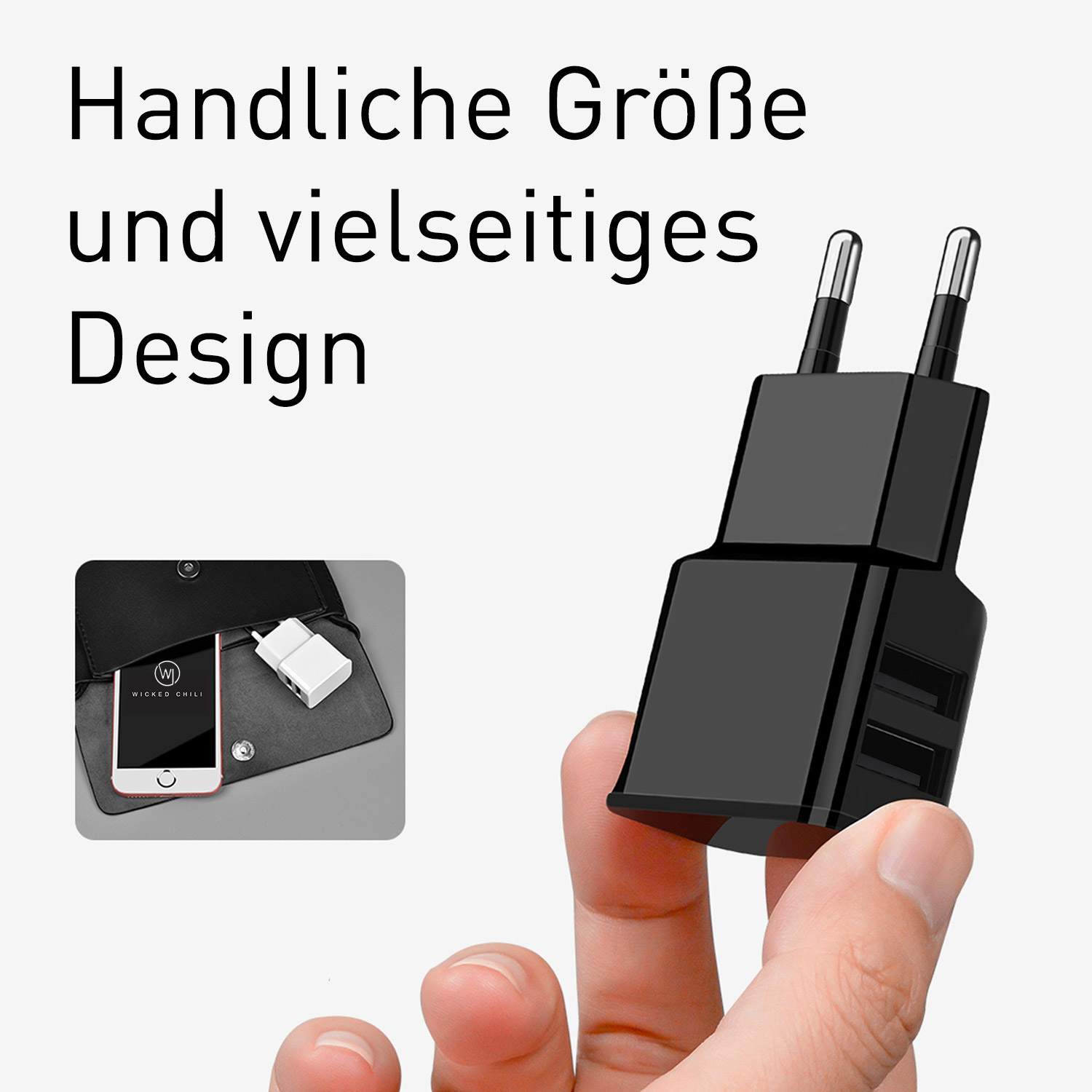 Schwarzes Ladegerät, Telefon und schwarze Handtasche. Text: Handliche Größe...