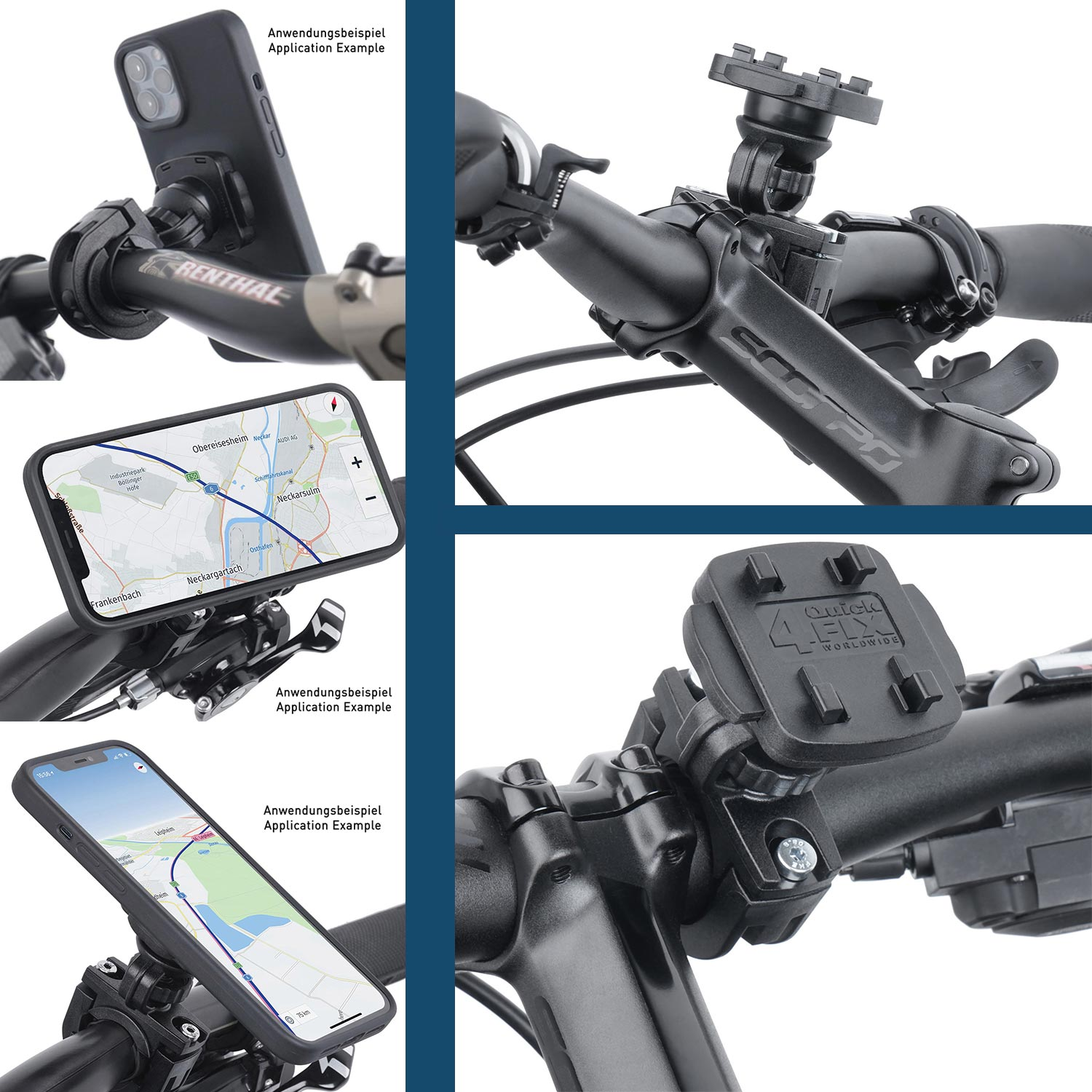 Fahrrad-Telefonhalterung mit Telefon. Mehrere Bilder der Halterung am Fahrrad.