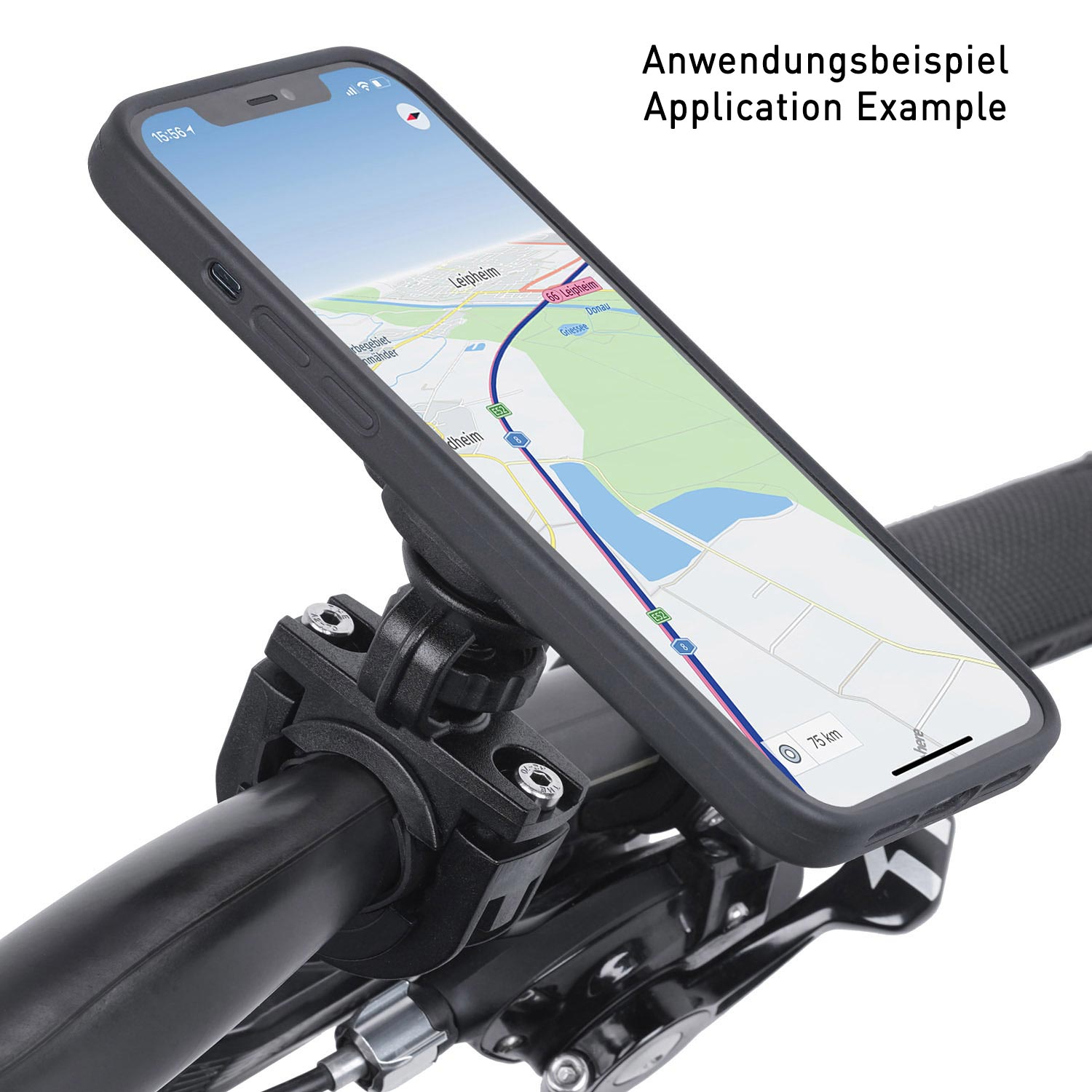 Schwarzes Telefon an einem Fahrradlenker befestigt. Es zeigt eine Karte.